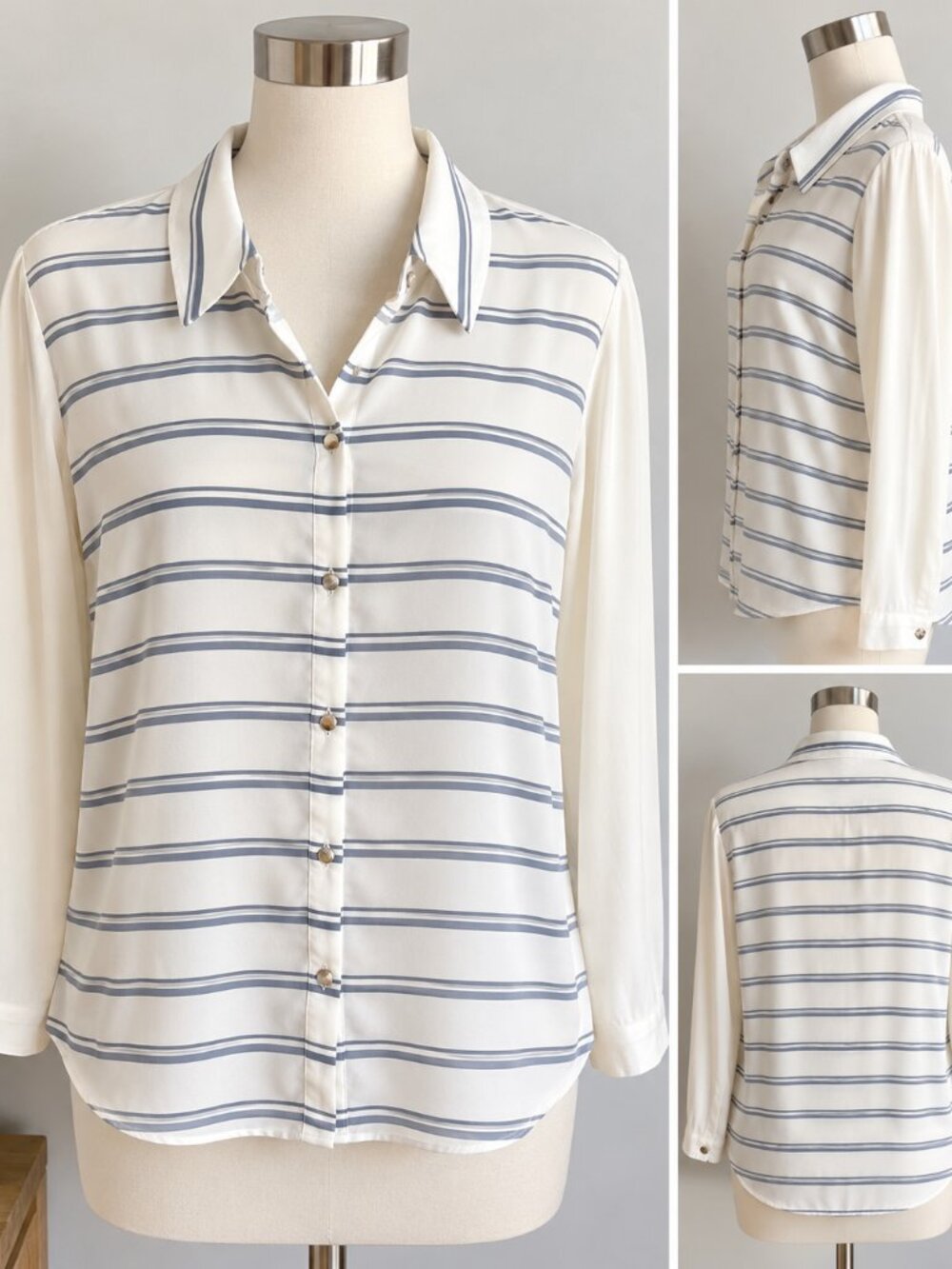 Ann Taylor XL White Blue Striped Button Front Blouse Long Sleeve Career Top